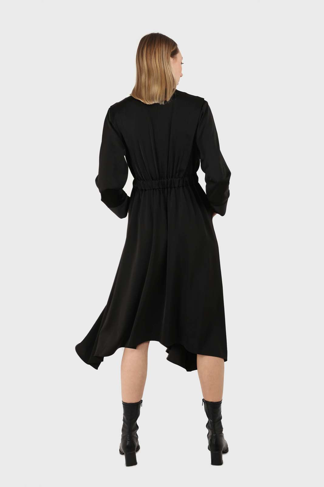 Black V-neck satin asymmetric hem midi dress