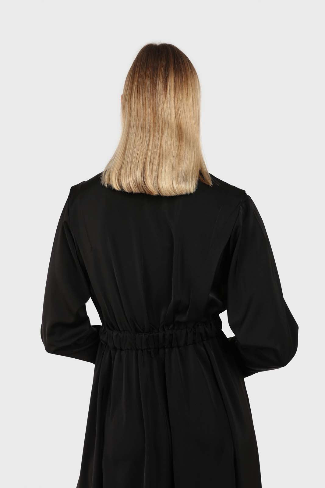 Black V-neck satin asymmetric hem midi dress