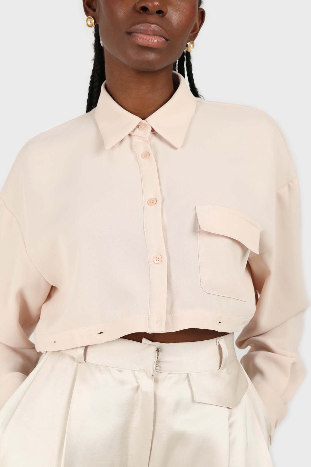 Pale pink button row silky shirt blouse