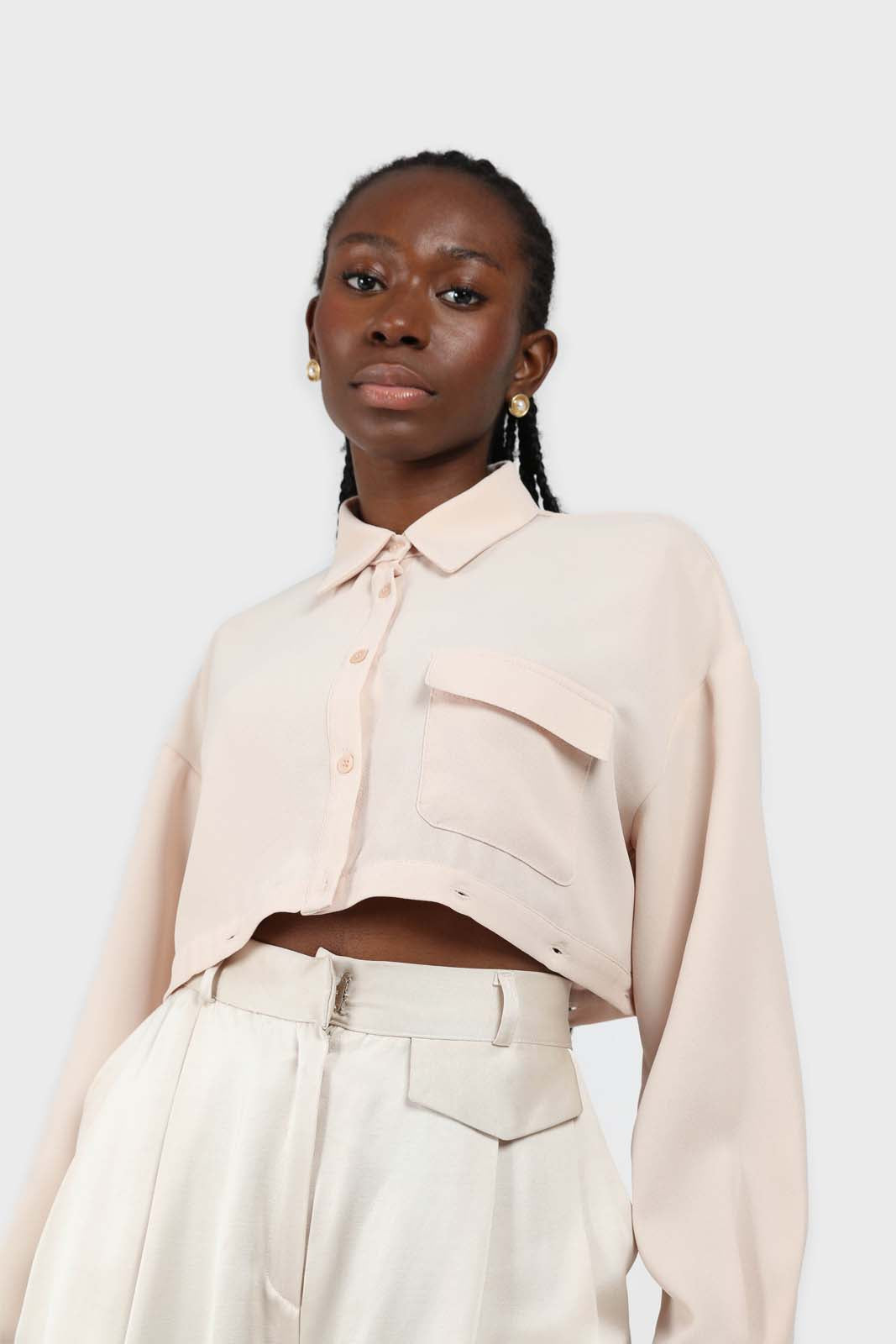 Pale pink button row silky shirt blouse
