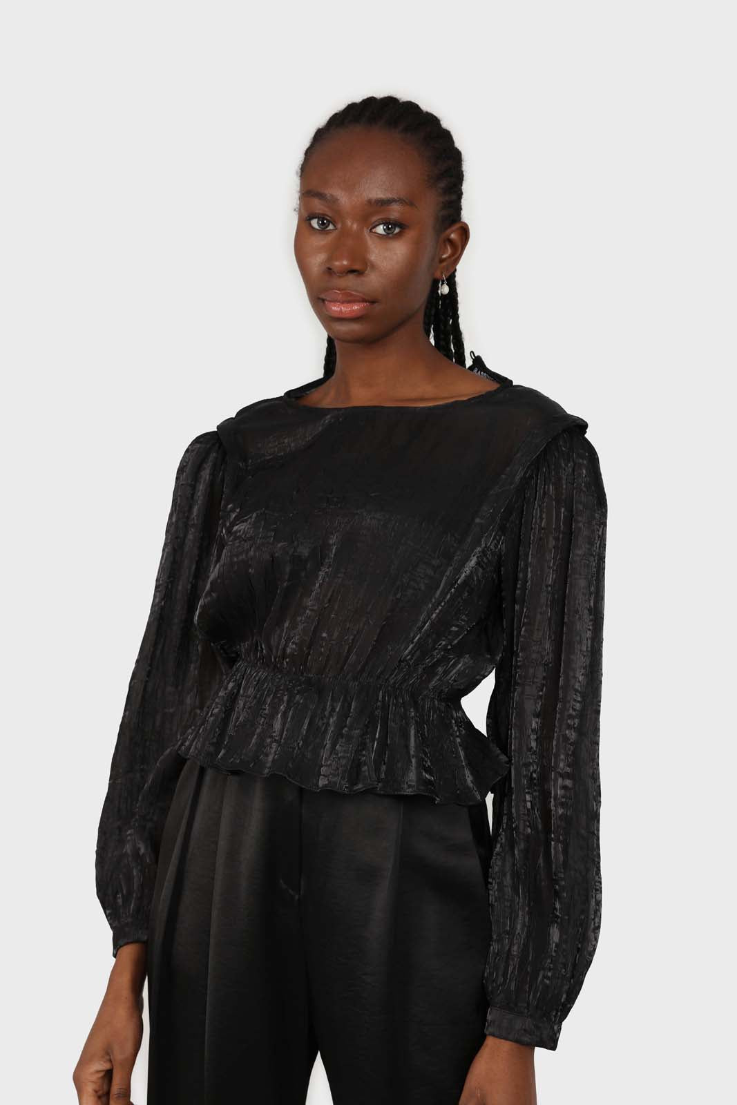 Black glossy sheer puff sleeve blouse