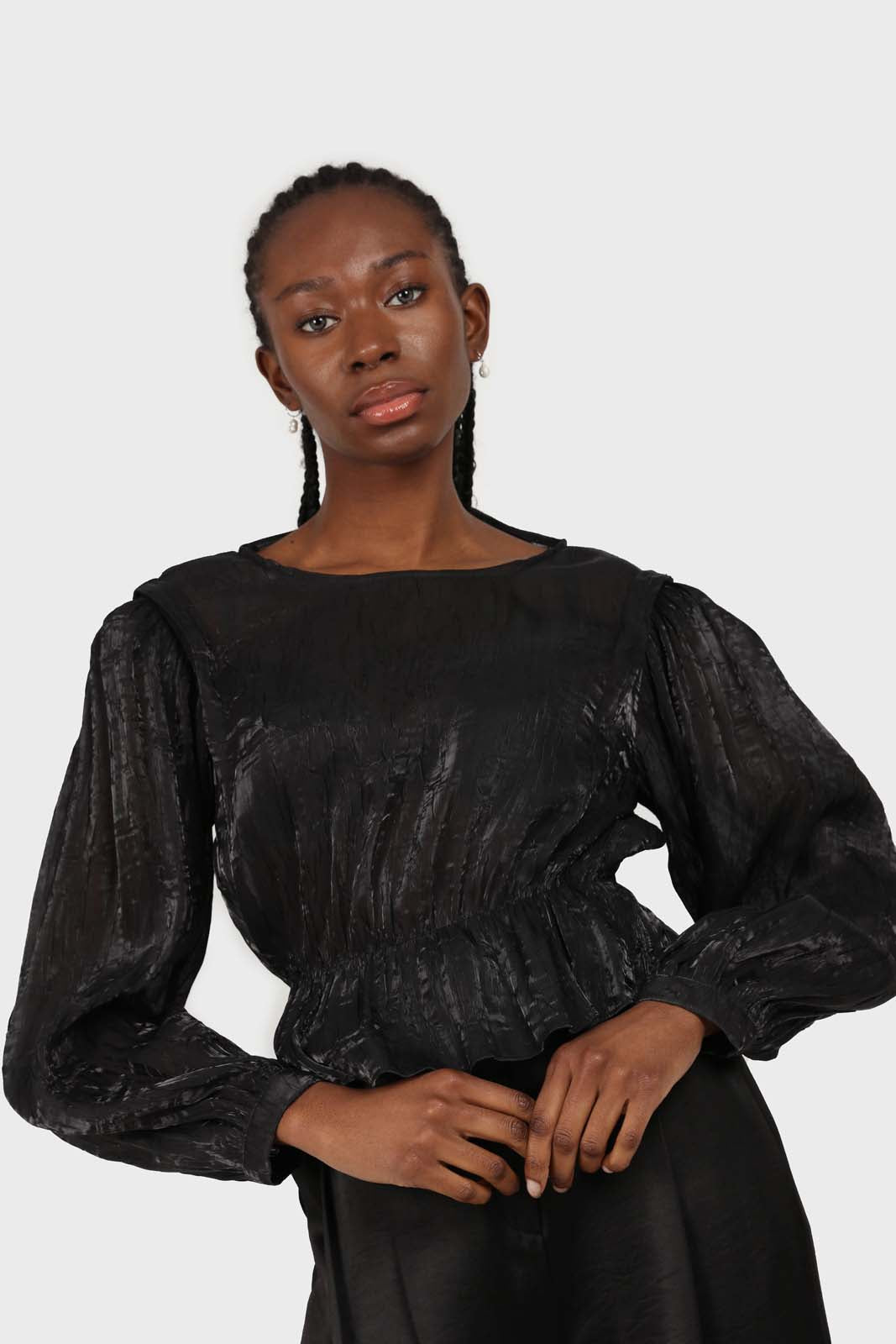 Black glossy sheer puff sleeve blouse