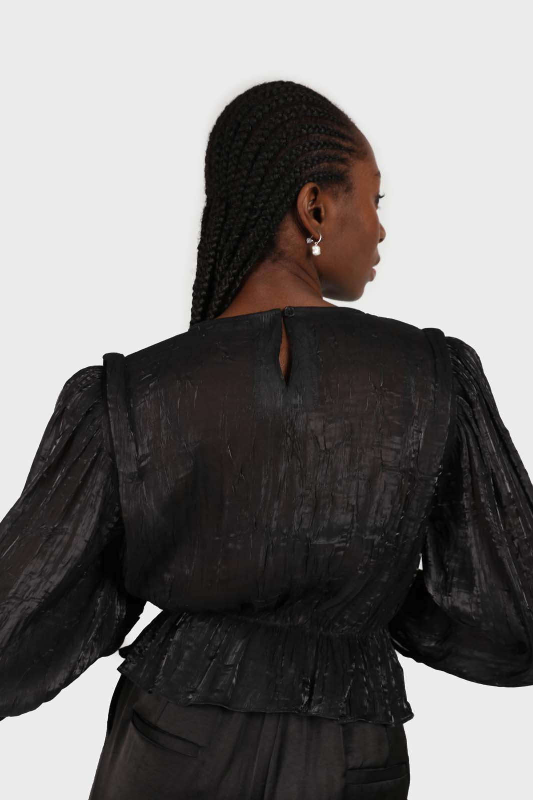 Black glossy sheer puff sleeve blouse