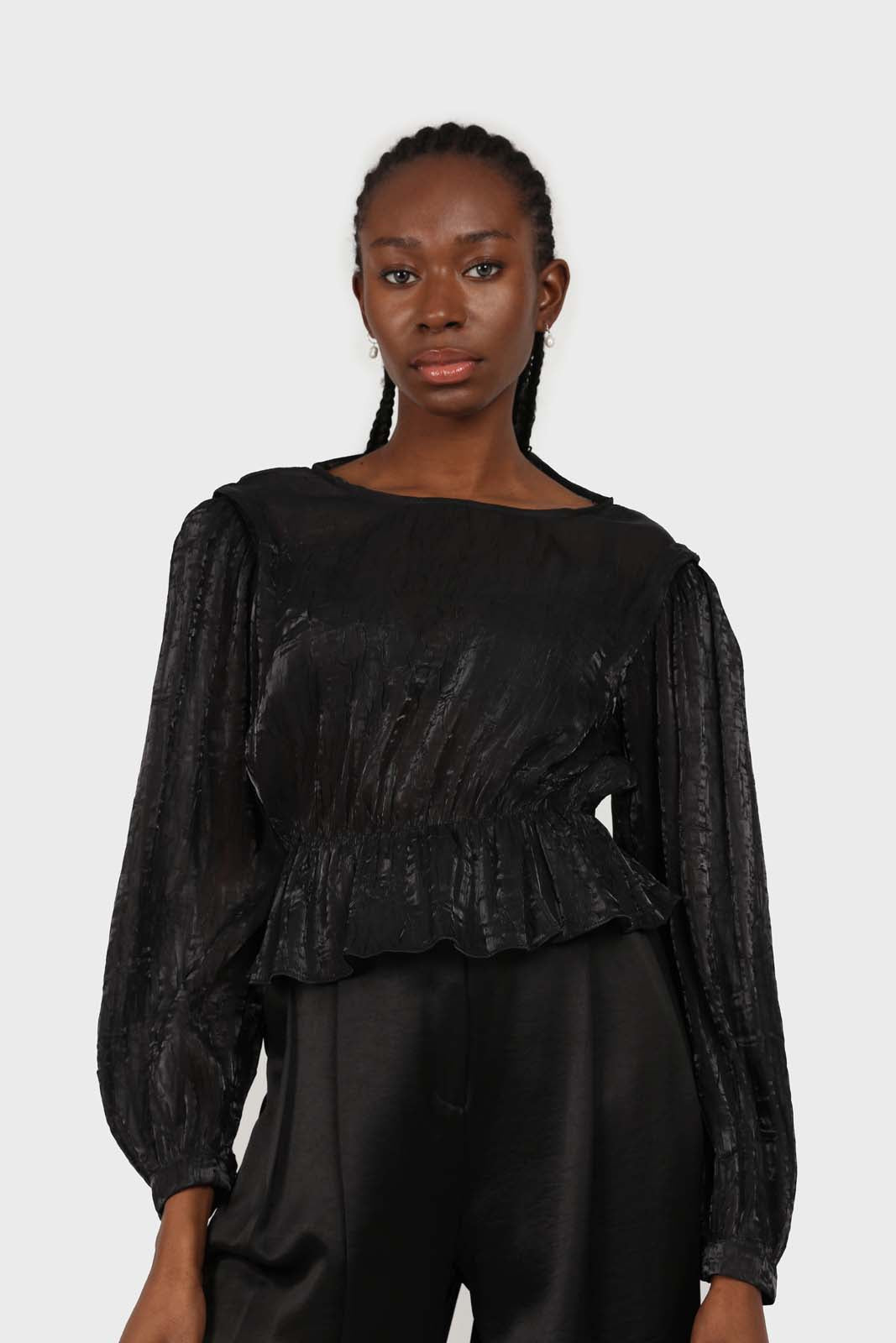 Black glossy sheer puff sleeve blouse