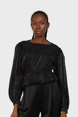 Black glossy sheer puff sleeve blouse