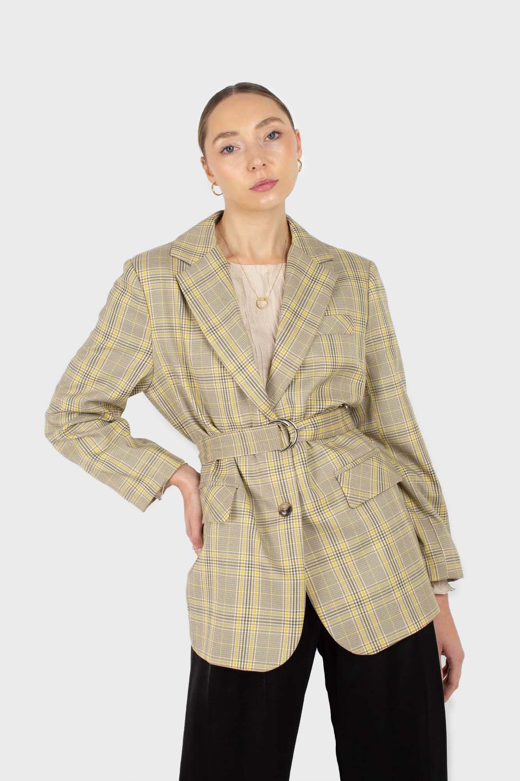 Beige and yellow checked belted jacket