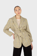 Beige and yellow checked belted jacket