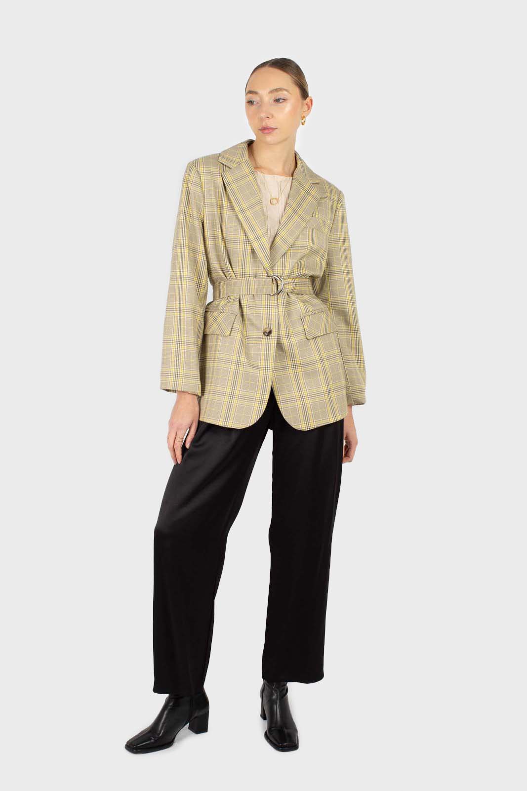 Beige and yellow checked belted jacket