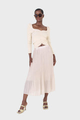Beige gathered front long sleeved knit top