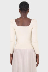 Beige gathered front long sleeved knit top