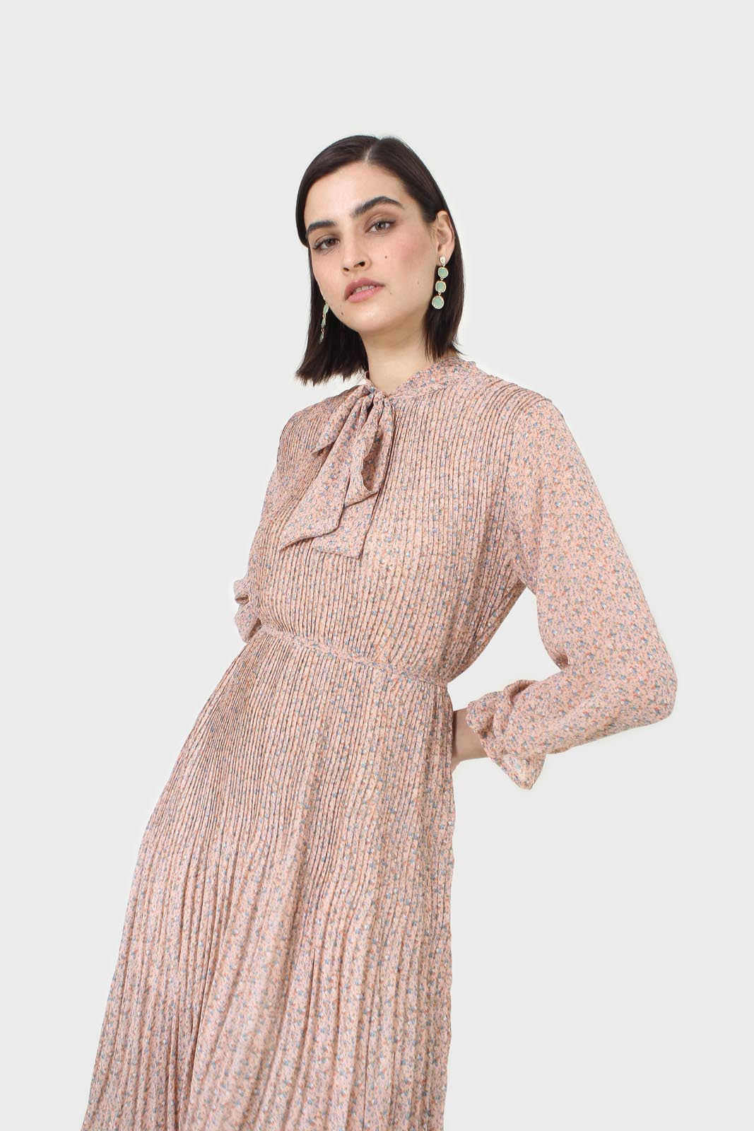 Pink and blue floral print micropleat maxi dress