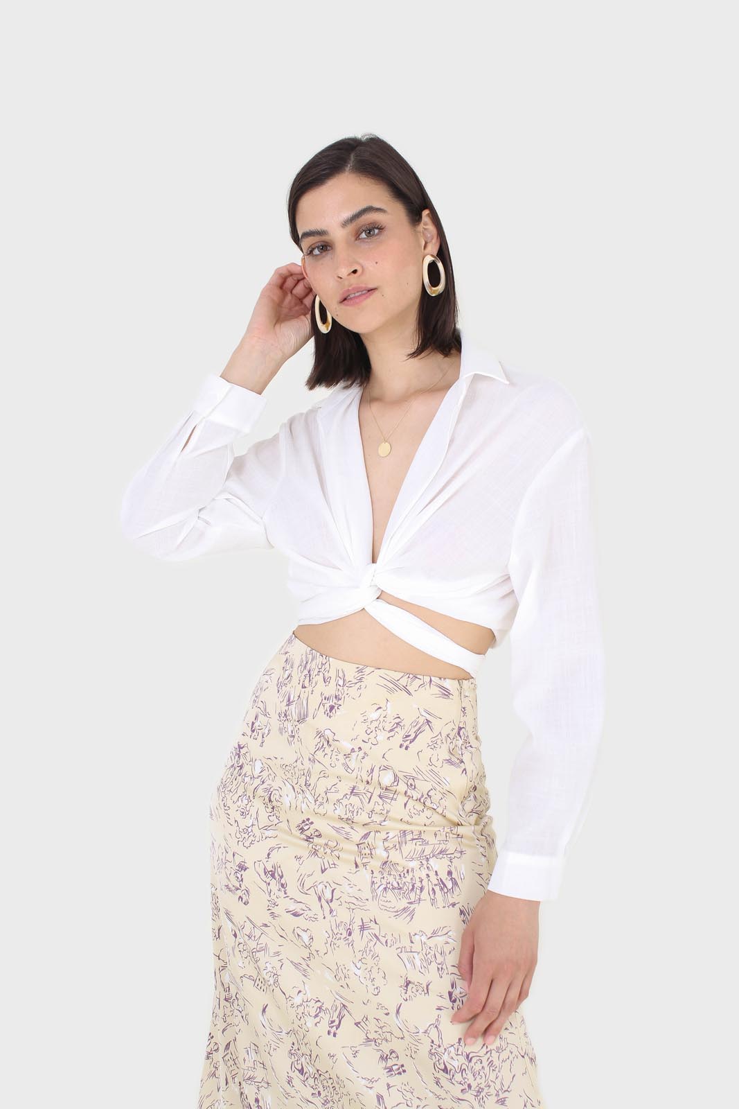 Ivory and lilac floral print midi skirt