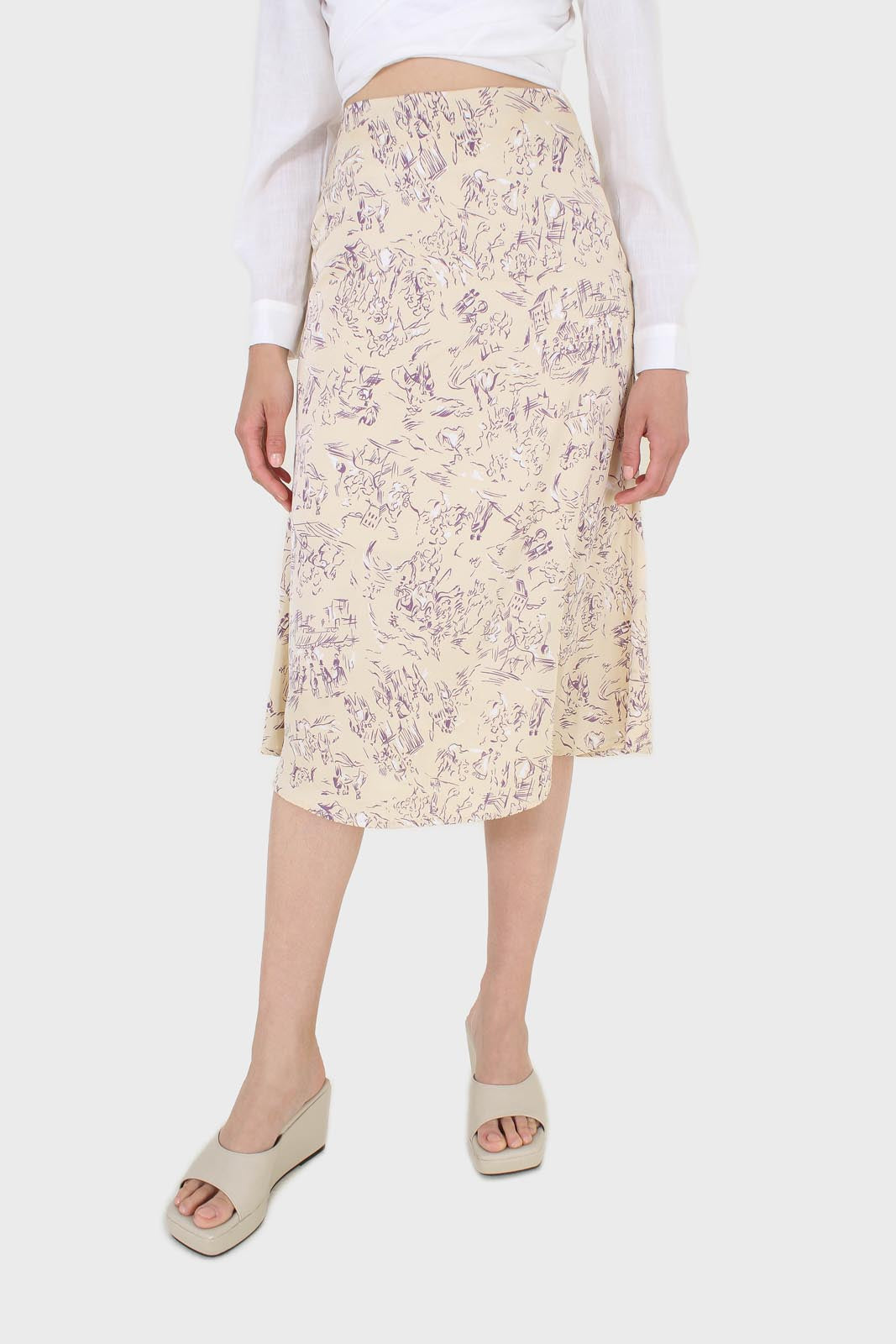 Ivory and lilac floral print midi skirt
