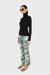 Black shirring neck jersey turtleneck top