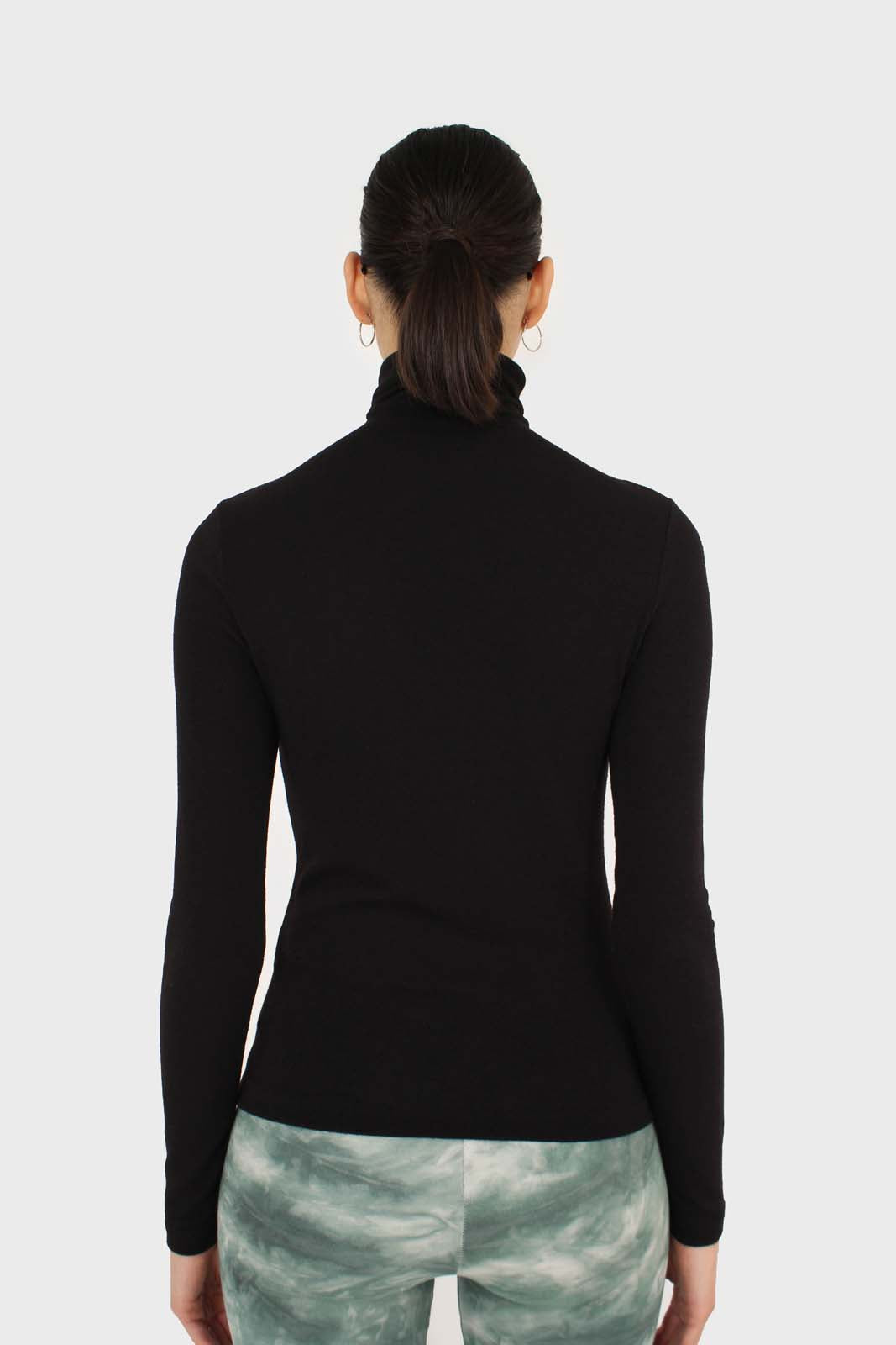 Black shirring neck jersey turtleneck top