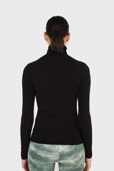 Black shirring neck jersey turtleneck top