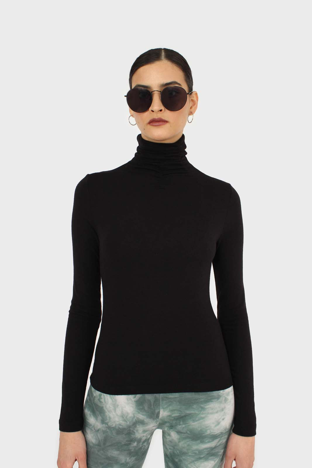 Black shirring neck jersey turtleneck top
