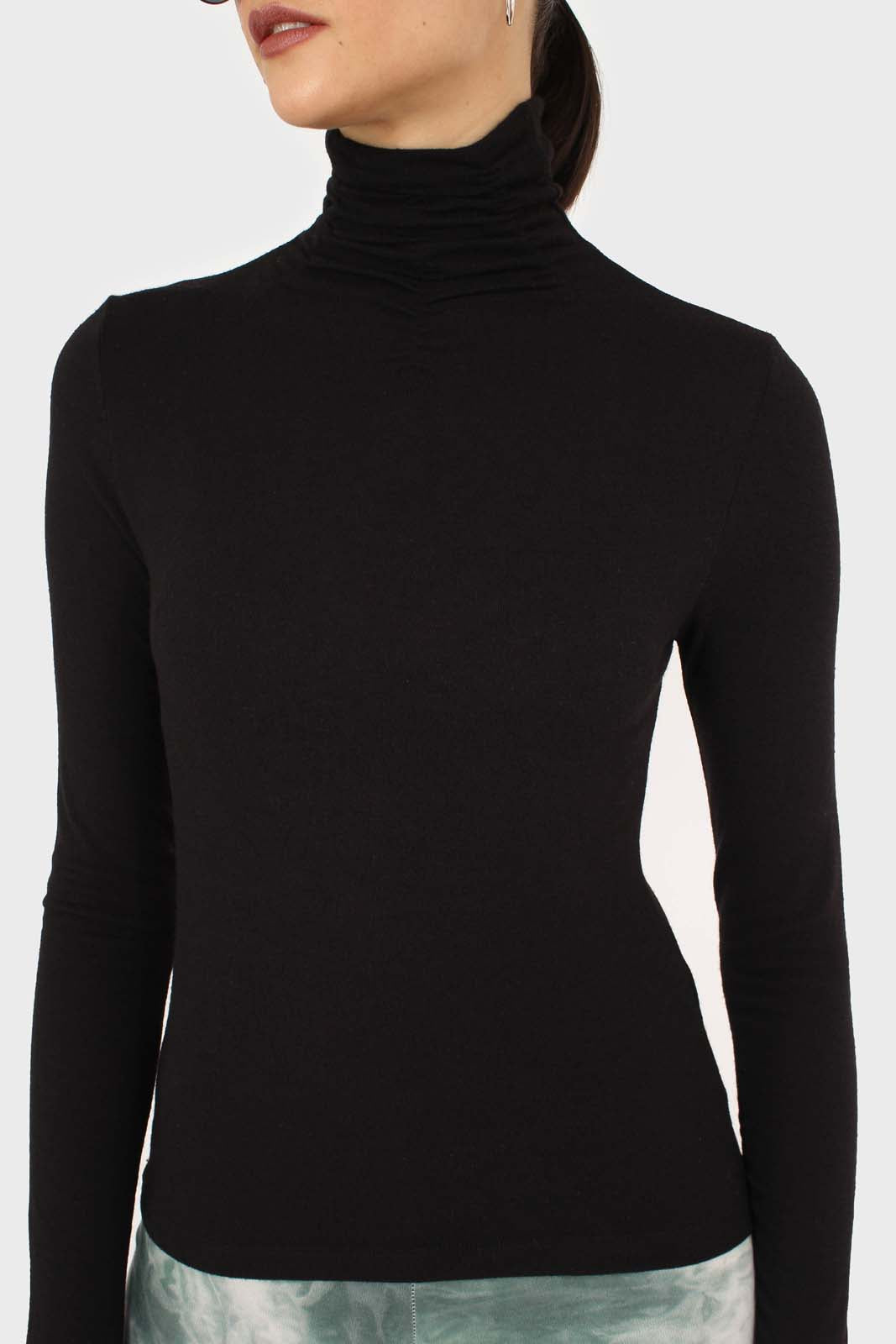 Black shirring neck jersey turtleneck top