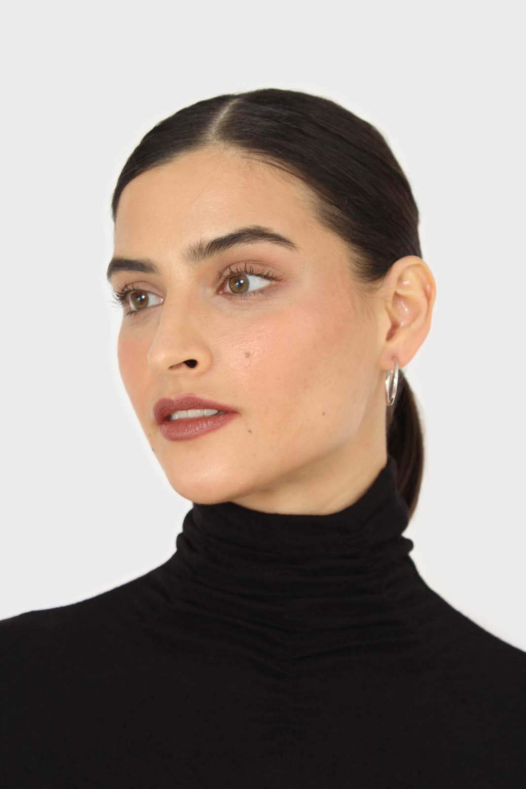 Black shirring neck jersey turtleneck top