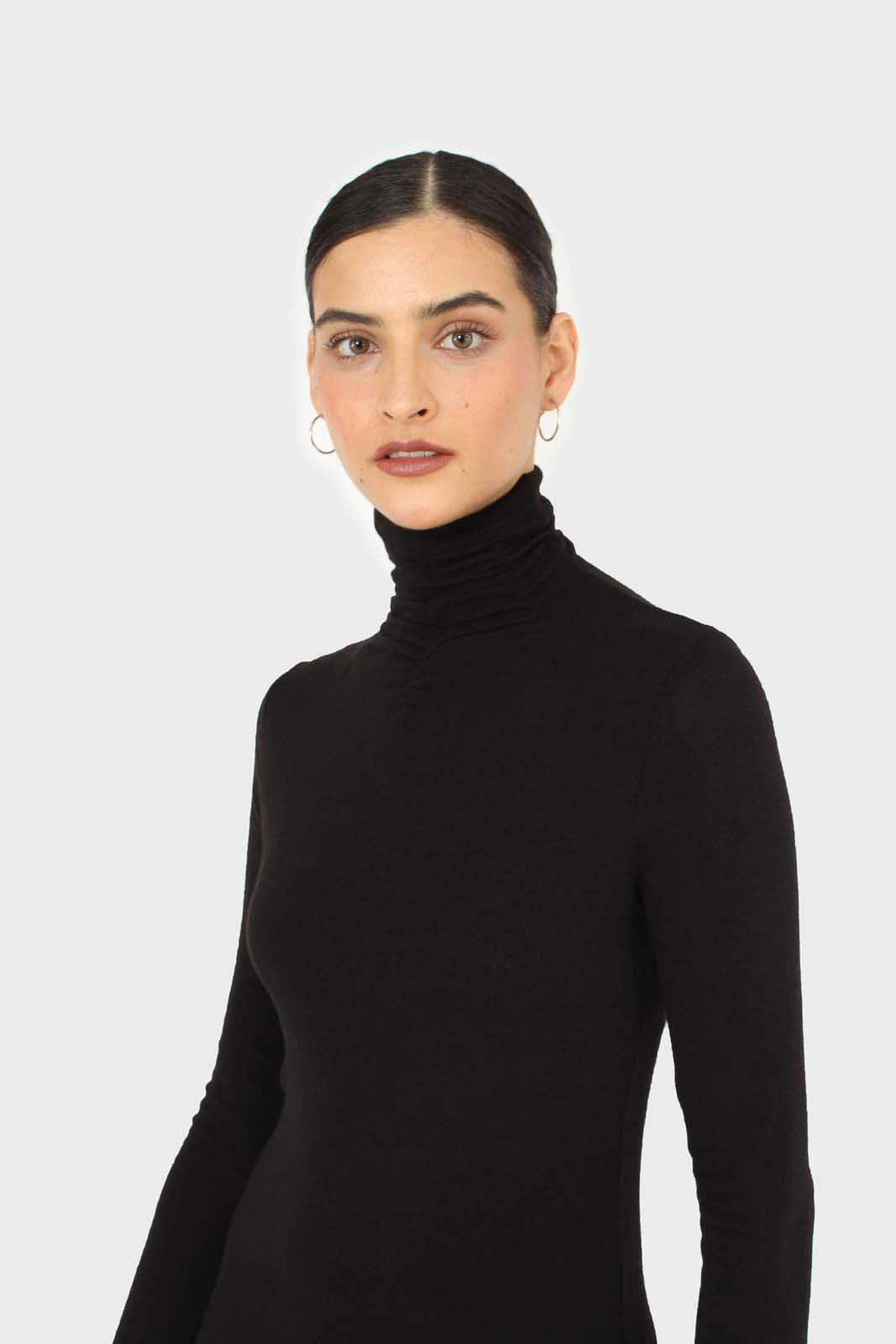 Black shirring neck jersey turtleneck top