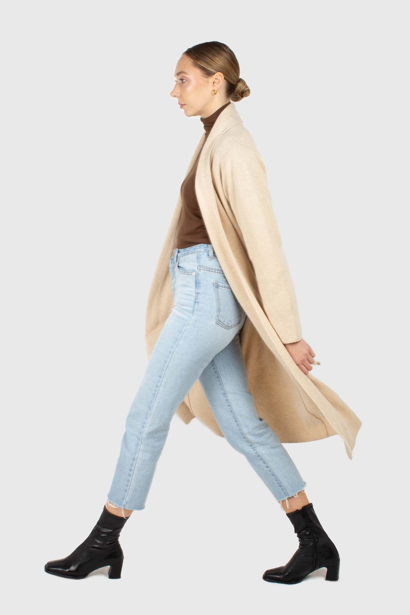 Beige wool blend extra long cardigan