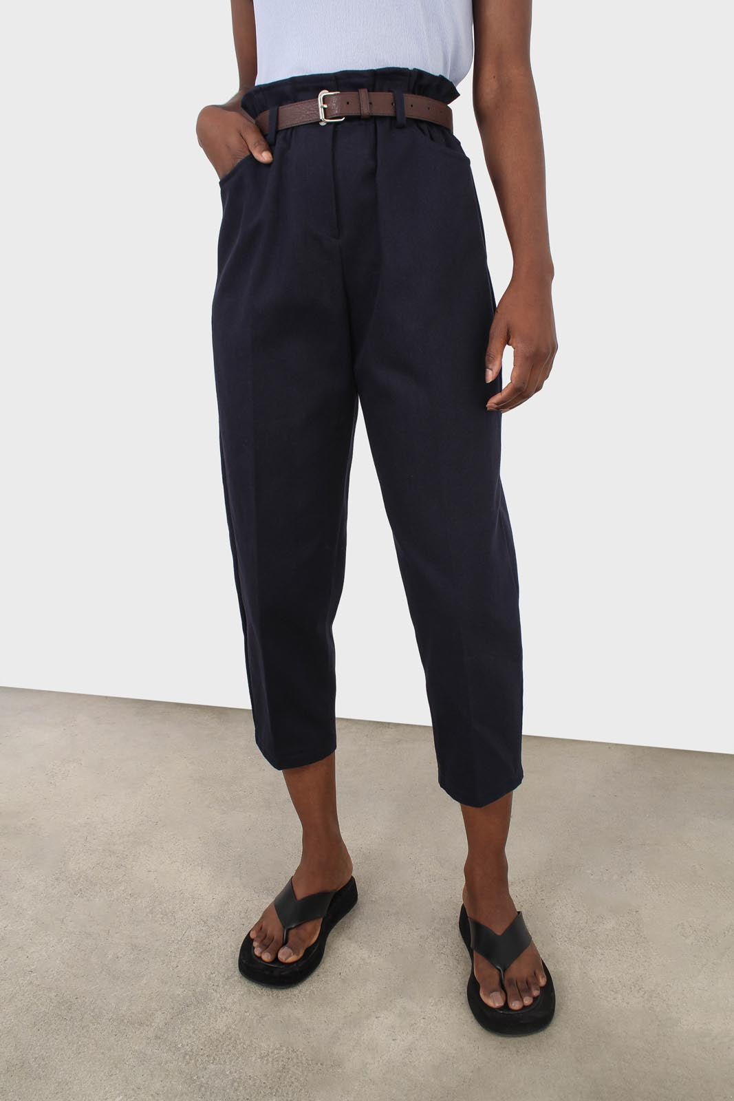 Navy boy fit belted trousers