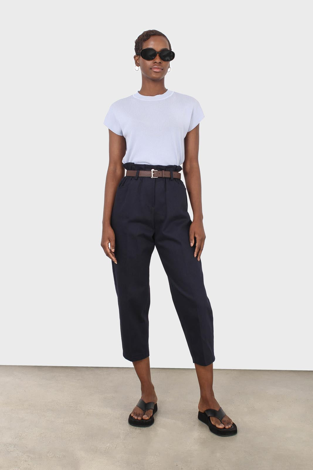 Navy boy fit belted trousers