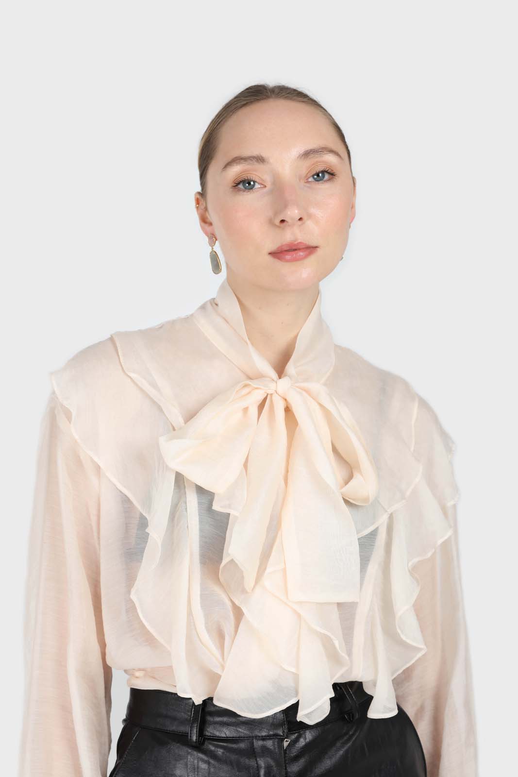 Ivory frill tie neck long sleeve blouse