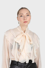 Ivory frill tie neck long sleeve blouse