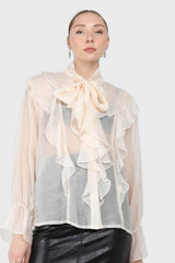 Ivory frill tie neck long sleeve blouse