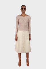 Beige cross over wrap ribbed knit top