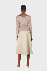 Beige cross over wrap ribbed knit top