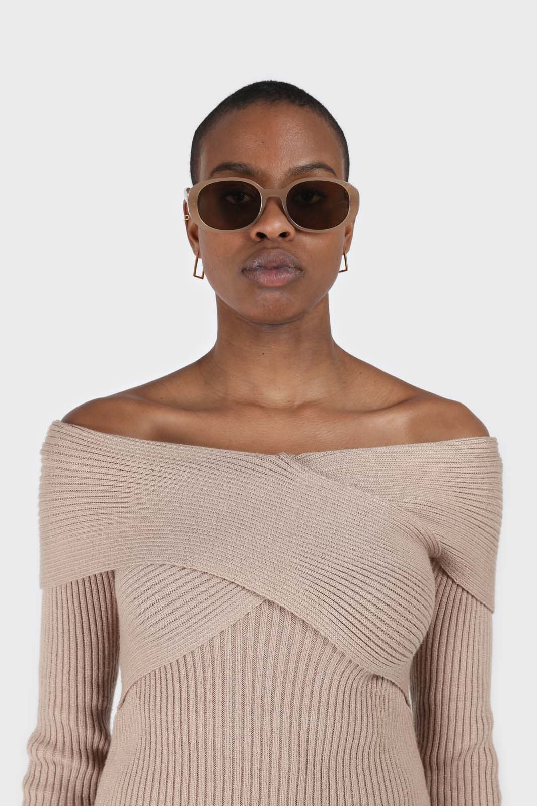 Beige cross over wrap ribbed knit top