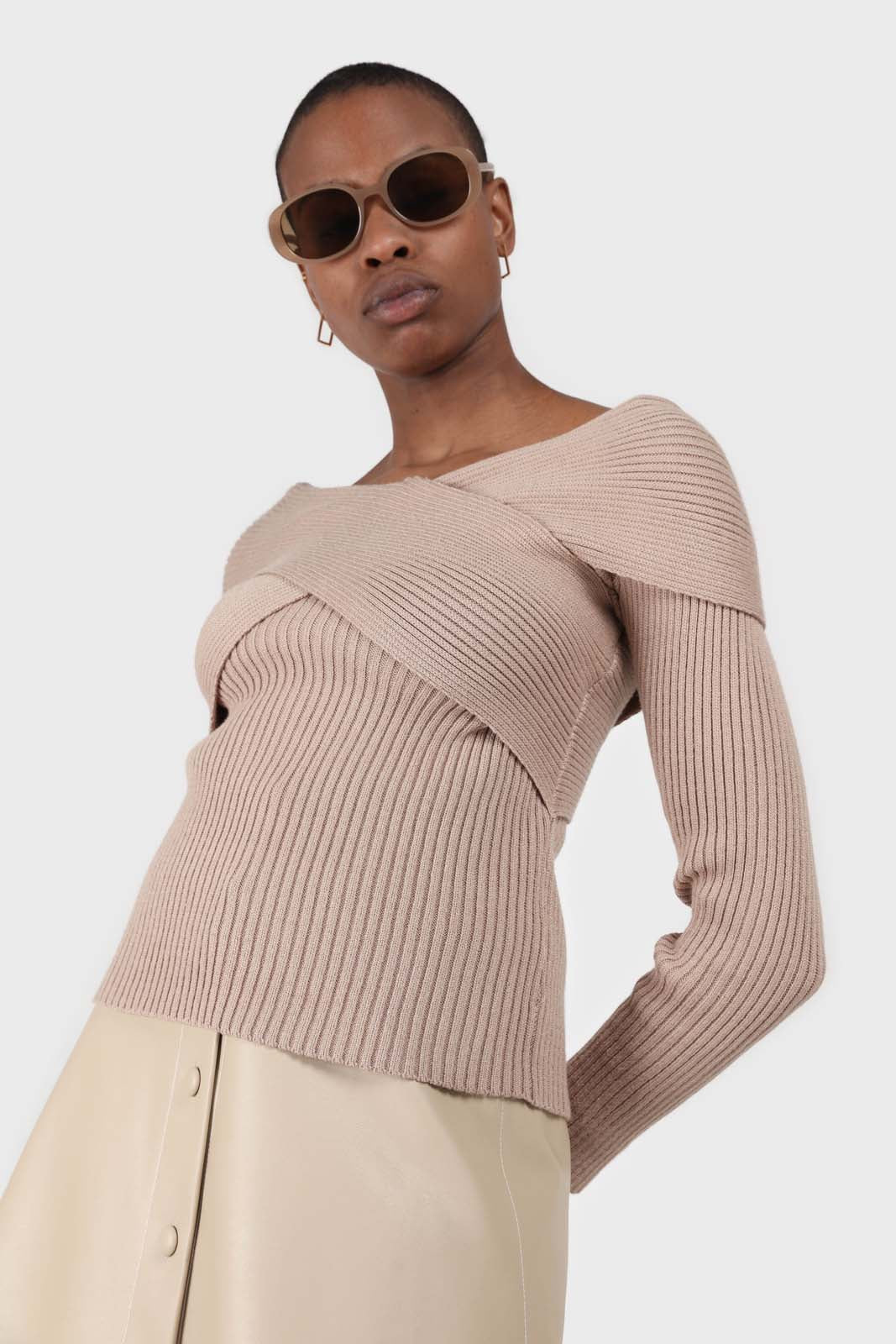 Beige cross over wrap ribbed knit top