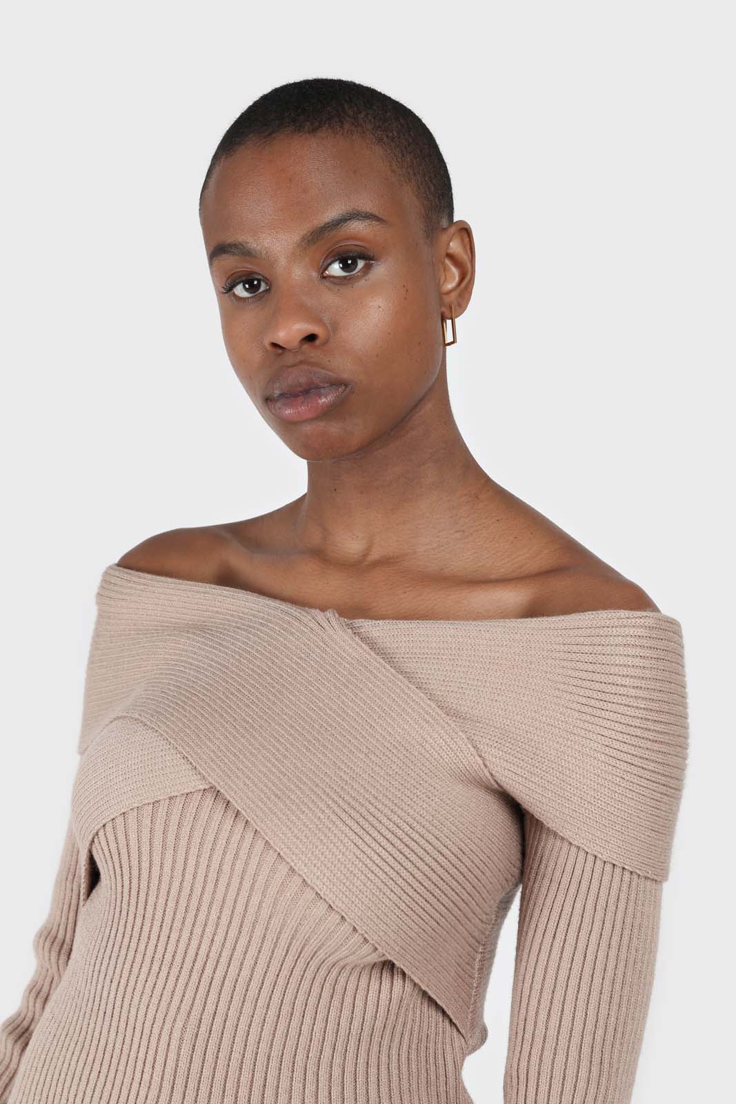 Beige cross over wrap ribbed knit top
