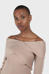Beige cross over wrap ribbed knit top