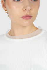 Ivory balloon sleeve frill tie neck knit top