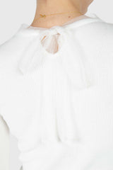 Ivory balloon sleeve frill tie neck knit top