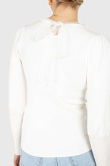 Ivory balloon sleeve frill tie neck knit top