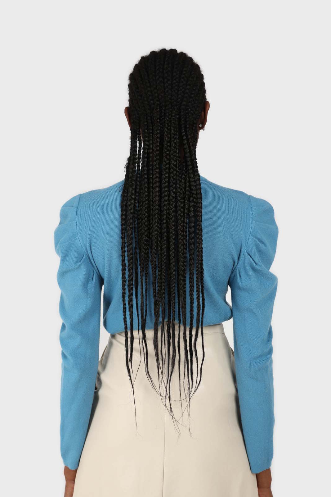 Blue long balloon sleeve knit top