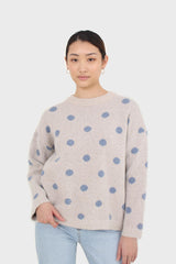 Beige and blue intarsia polka dot jumper