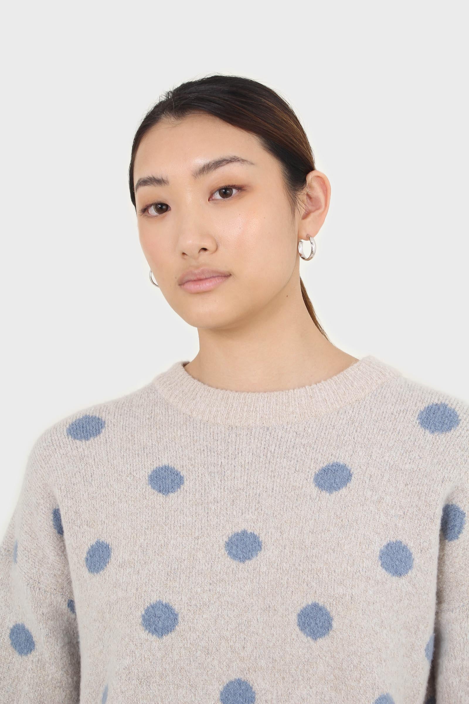 Beige and blue intarsia polka dot jumper