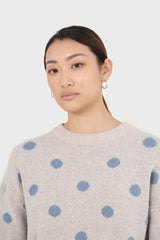 Beige and blue intarsia polka dot jumper