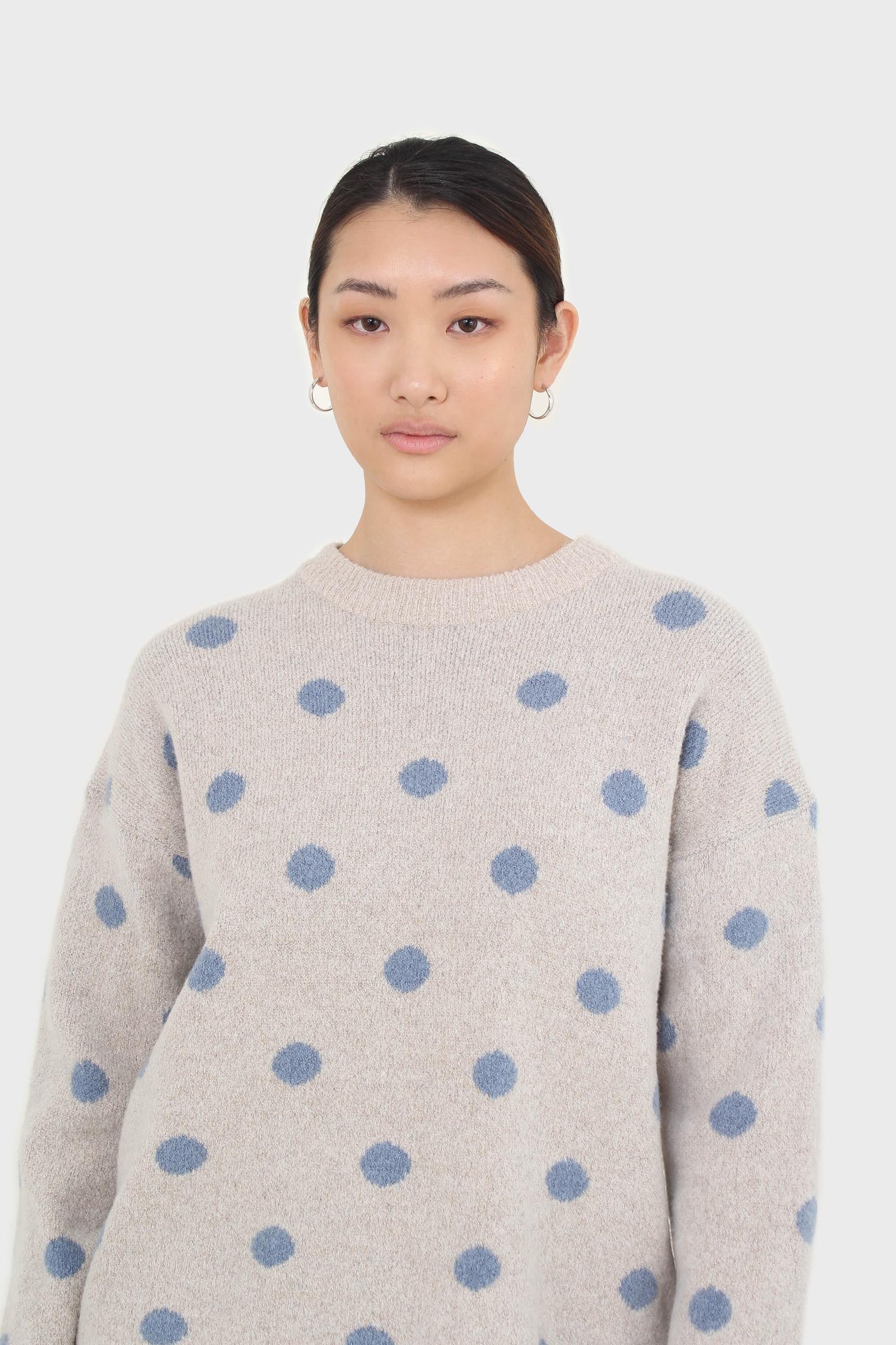 Beige and blue intarsia polka dot jumper