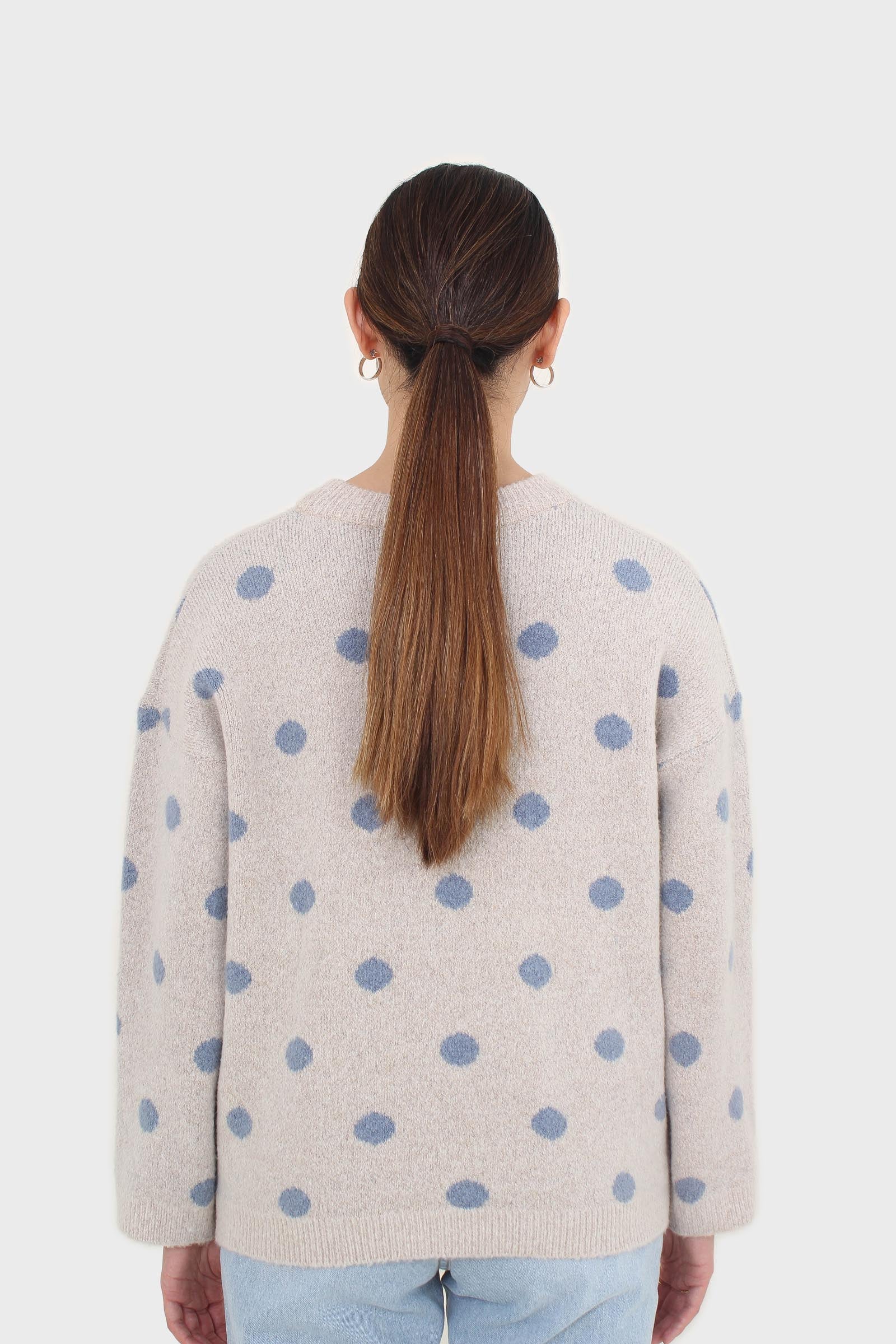Beige and blue intarsia polka dot jumper