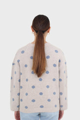 Beige and blue intarsia polka dot jumper