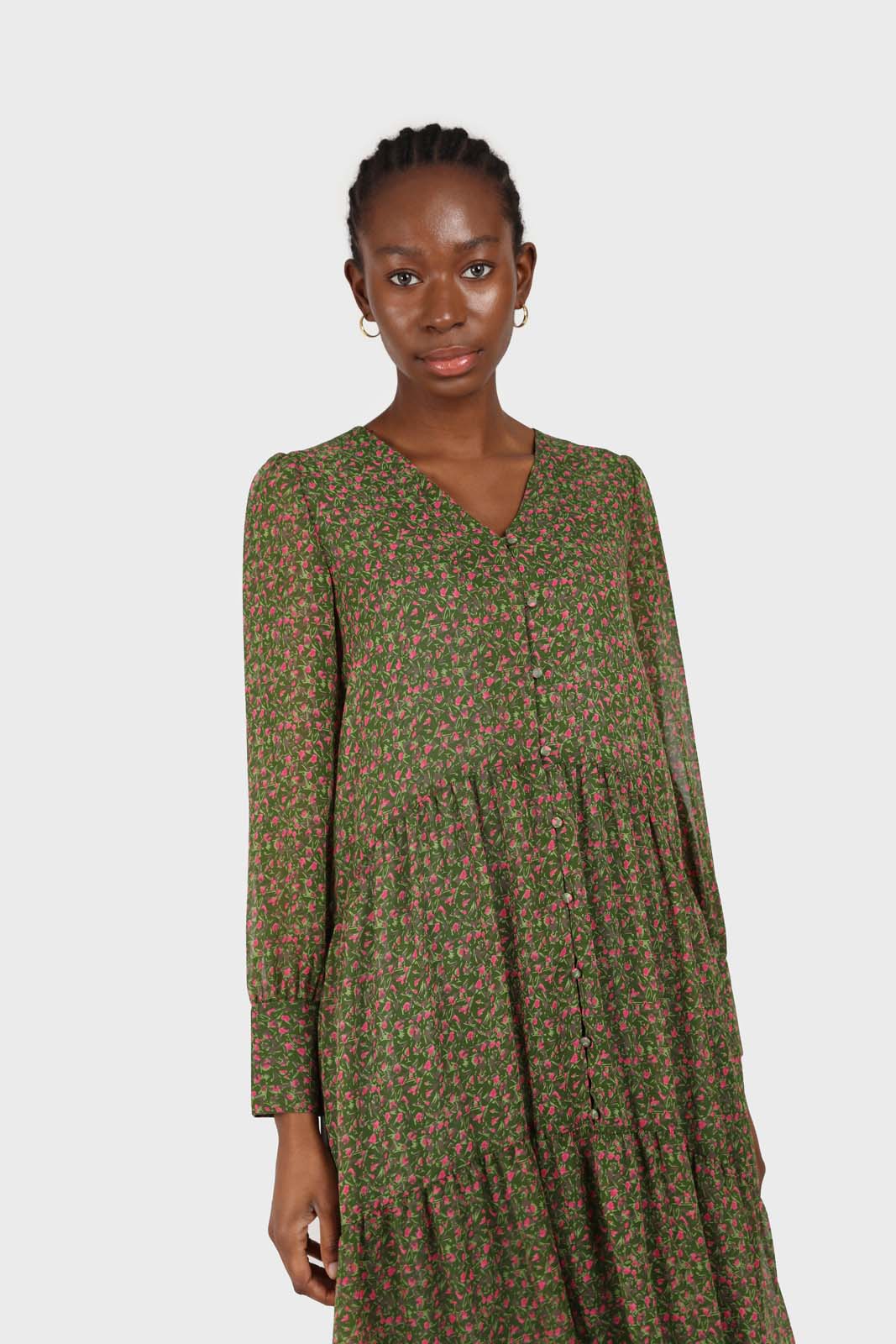 Khaki button front floral maxi dress