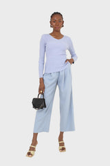 Light blue V-neck ribbed long sleeved knit