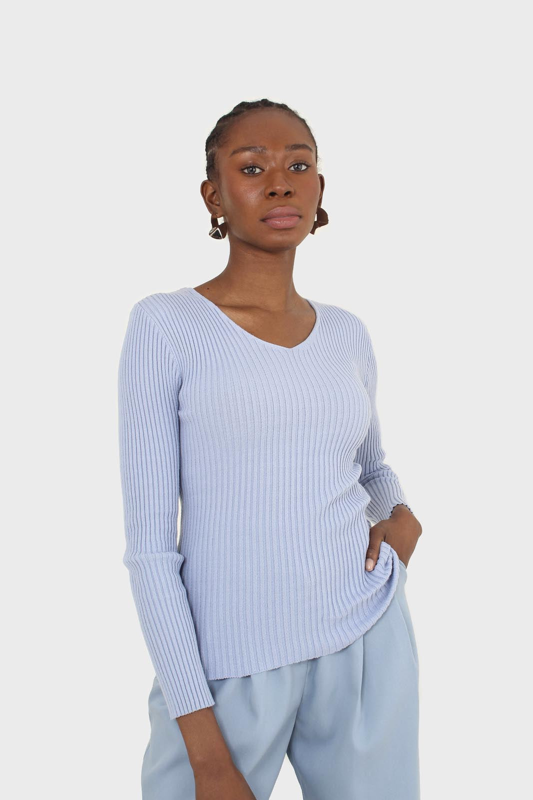 Light blue V-neck ribbed long sleeved knit
