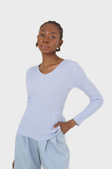 Light blue V-neck ribbed long sleeved knit